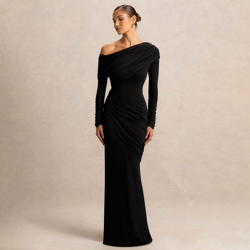 Women Clothing Autumn Winter Solid Color Elegant Slim Fit Asymmetric Neckline Pleated Dress by Ragazza