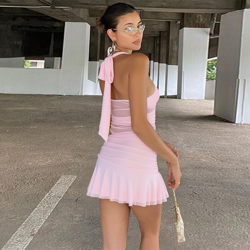 Women Clothing Sexy Deep V Plunge Stitching Mesh Hollow Out Cutout Hip Wrapped Short Halter Dress by Ragazza
