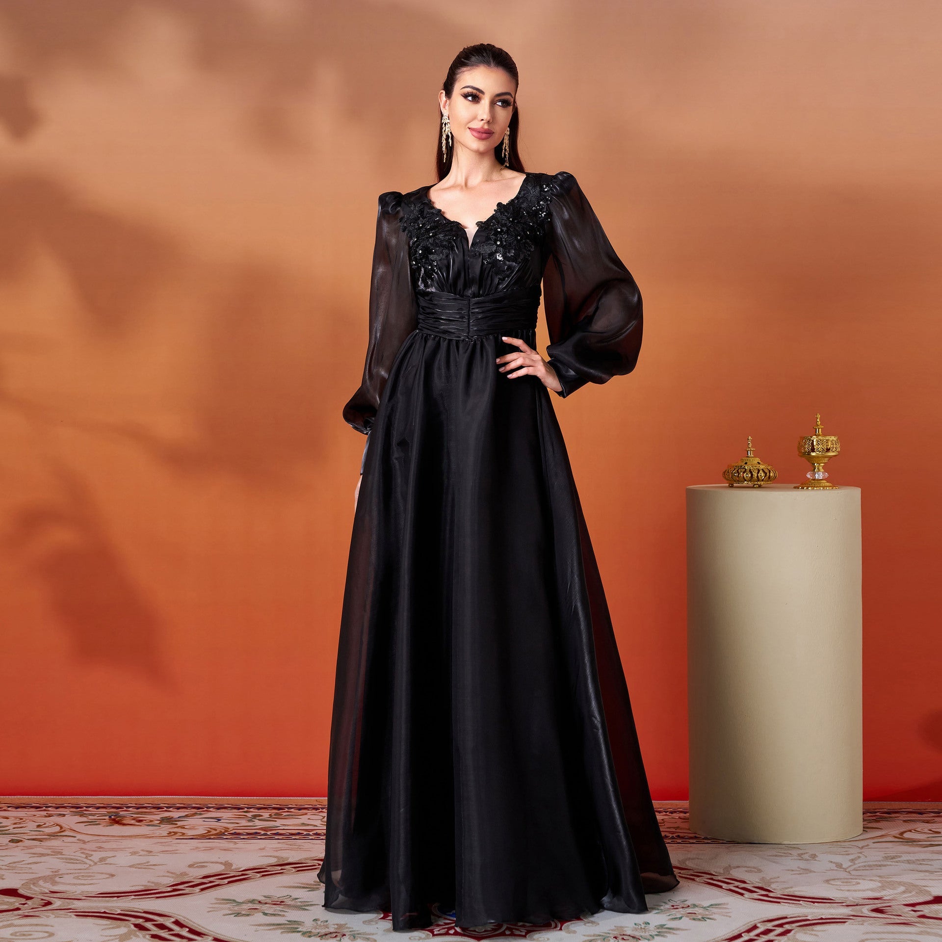 Women Clothing Advanced Long Sleeve V neck Lace Cocktail Large Swing Evening Dress by Ragazza