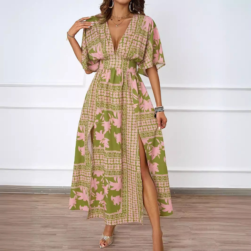 Summer Sexy V neck Short Sleeve Waist Controlled Printed Dress for Women by Ragazza
