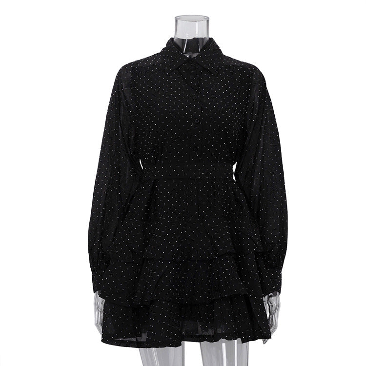 Casual Black Rhimestone A line Dress Women Clothing Autumn Polo Collar Long Sleeve High Waist Bubble Dress by Ragazza