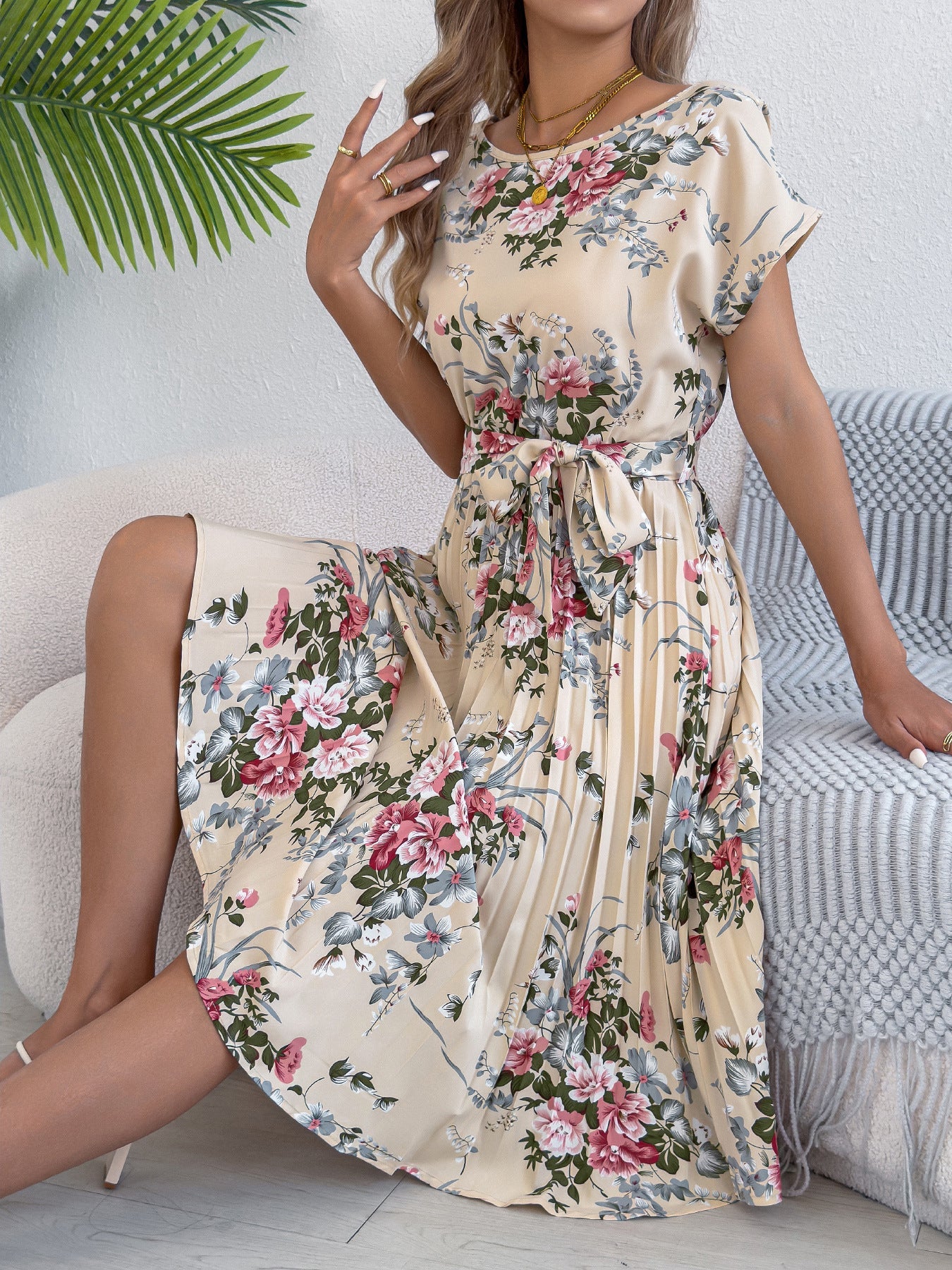 Women Clothing Spring Summer Elegant Floral Batwing Sleeve Lace up Cinched Waist Pleated by Ragazza