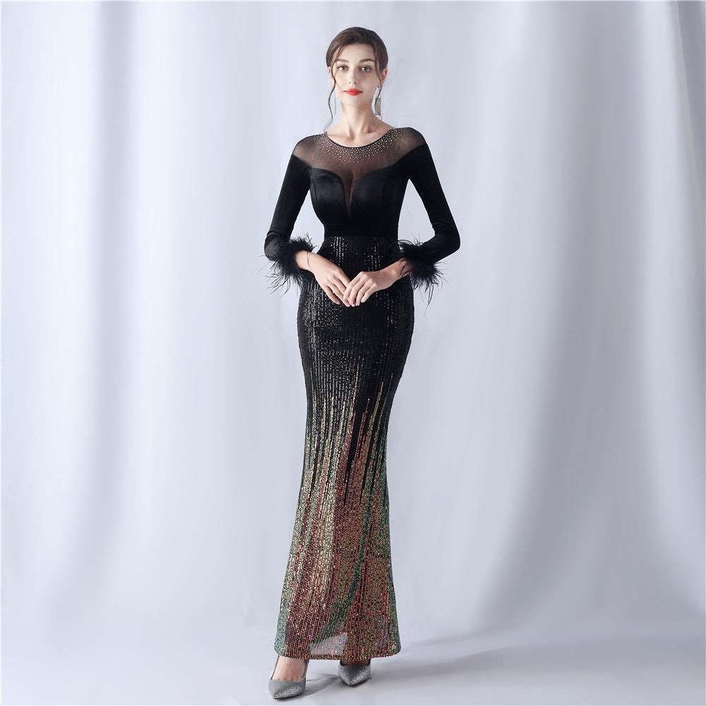 Gradient Bead Drilling Velvet High End Evening Dress by Ragazza