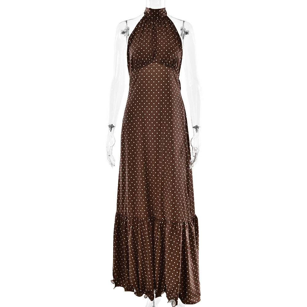 French Halter Polka Dot Satin Dress Sexy Elegant Backless Waist Trimming Dress by Ragazza