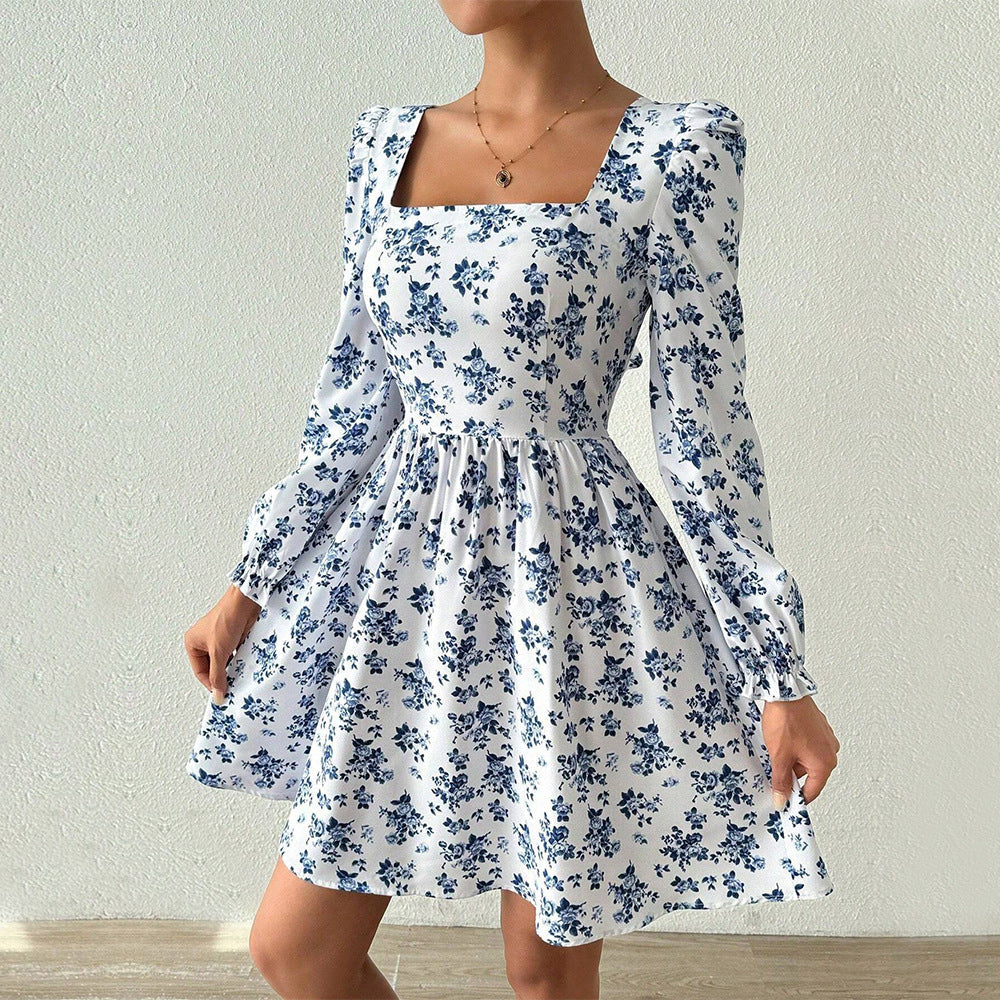 Women Clothing French Square Collar Elegant Dress Autumn Winter High Waist Backless Lace up Floral by Ragazza