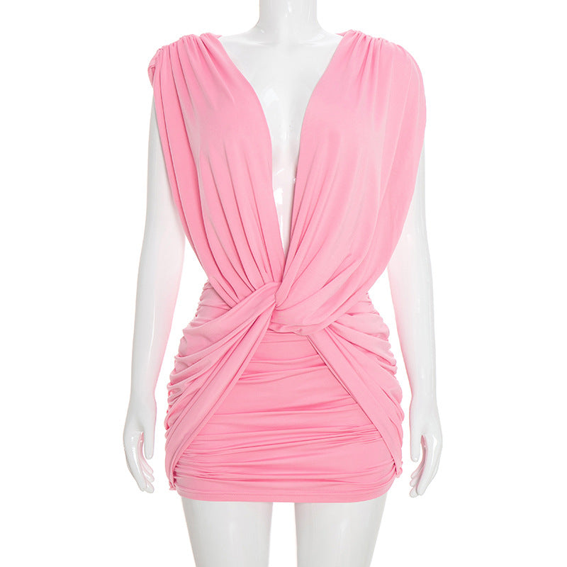 Women Clothing Summer Solid Color Casual Cross Twist Sleeveless Pleated Slim Short Dress DestGlow