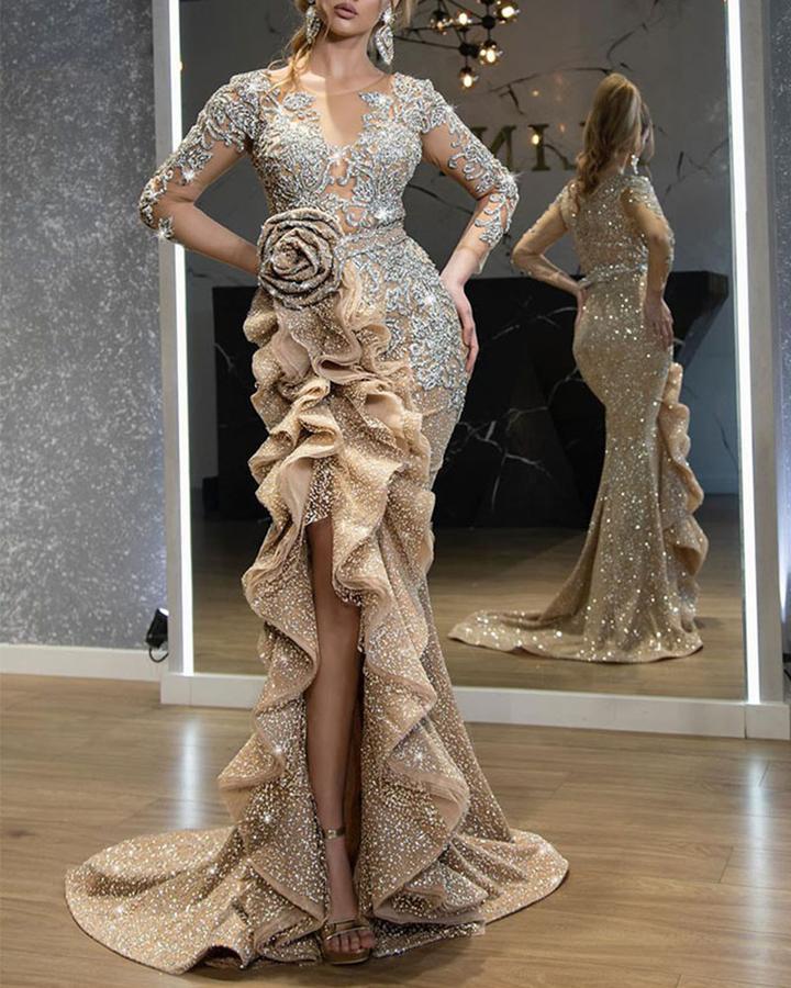 Women Clothing Sexy Gold Long Sleeve Cocktail Dress Trailing Dress by Ragazza