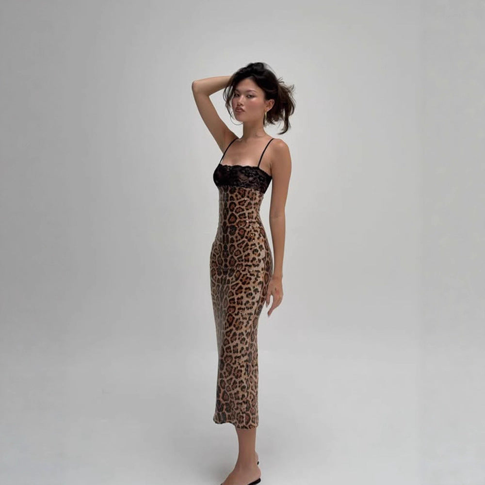 Lace Stitching Tube Top Sling Leopard Sequined Party Dress Maxi Dress by Ragazza