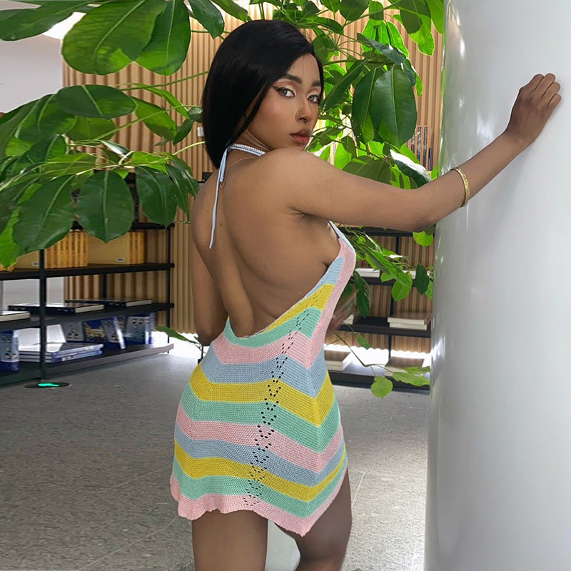 Wave Striped Contrast Color Product Mother Halter Straps Backless Chest Hollow Out Cutout Sexy Woolen Short Dress Women DestGlow