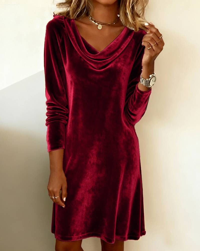 Fall Winter Women Clothing Solid Color Coat Swing Collar Long Sleeve Sexy Velvet Dress DestGlow