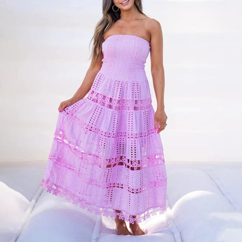 Casual Maxi Dress Spring High Sense Embroidery Hollow Out Cutout out Tube Top Dress Women Clothing by Ragazza