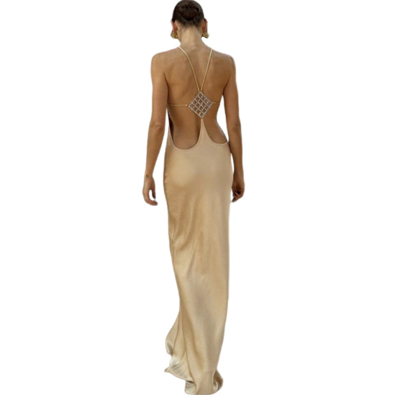 Spring Women Solid Color Irregular Asymmetric Sexy Slim Fit Backless round Neck Sheath Dress for Women by Ragazza