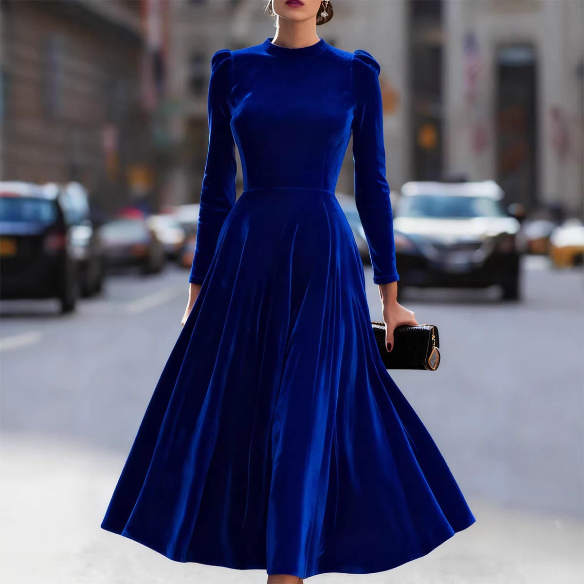 Women Clothing Spring Summer round Neck Korean Velvet Elegant Long Sleeved Dress by Ragazza