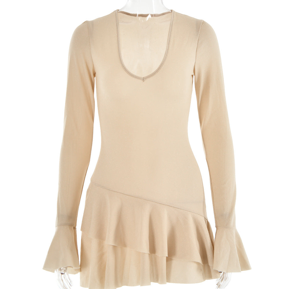 Autumn Deep V Plunge neck Dress Women Flared Sleeves Tight Sexy Sheath Dress by Ragazza