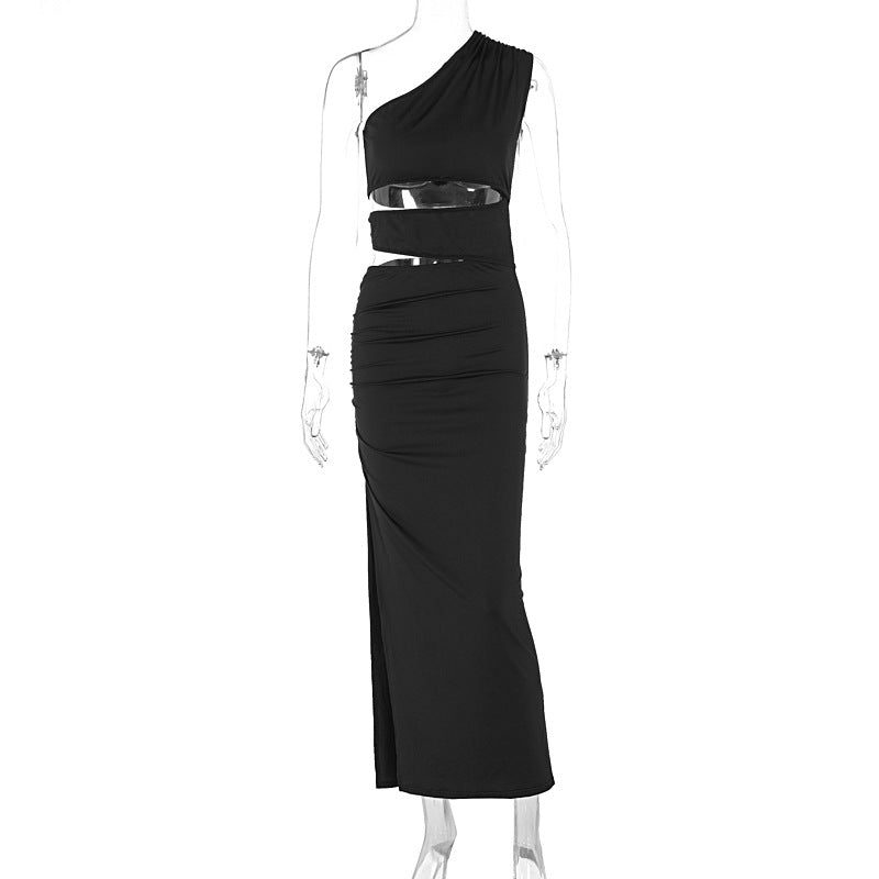 Solid Color Slim Fit Oblique Shoulder Sexy Cutout Sexy Split Irregular Asymmetric Dress by Ragazza