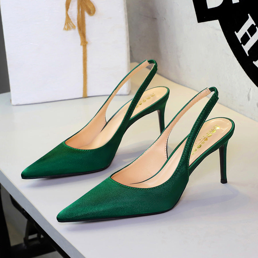 Cocktail Satin High Heels Women Pointed Toe Shallow Mouth Back Empty Back Strap Pumps Bridesmaid Closed Toe Sandals Women DestGlow