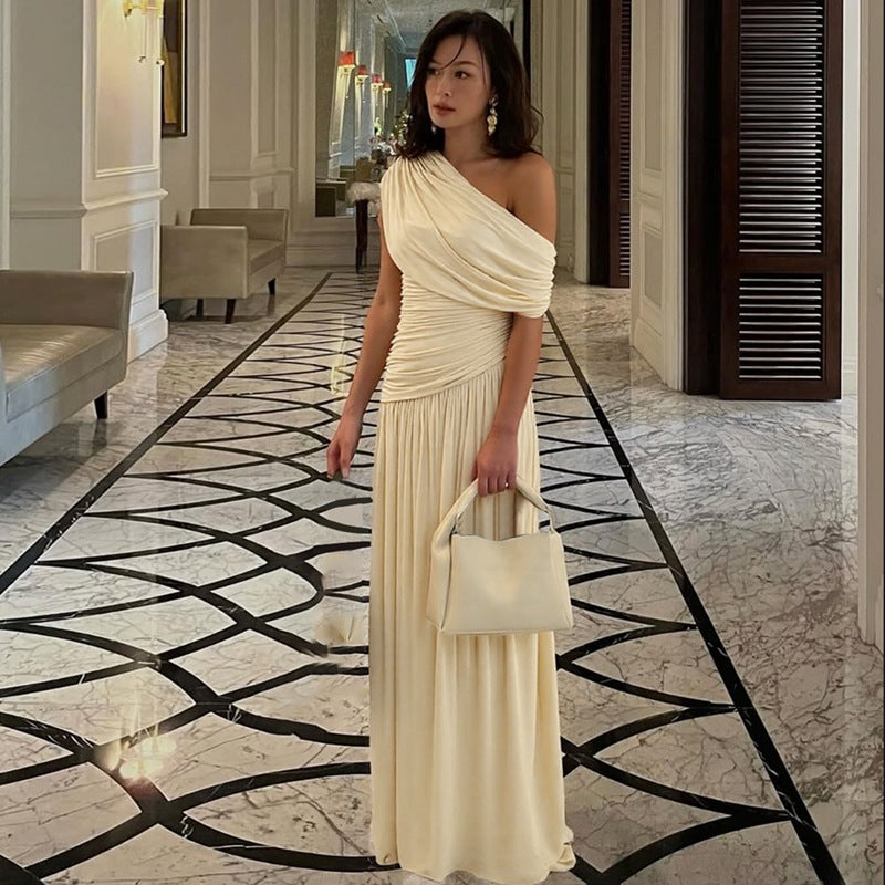 Women Clothing Spring Arrival Fashionable Sexy Diagonal Collar Pleated Asymmetrical Solid Color Dress DestGlow
