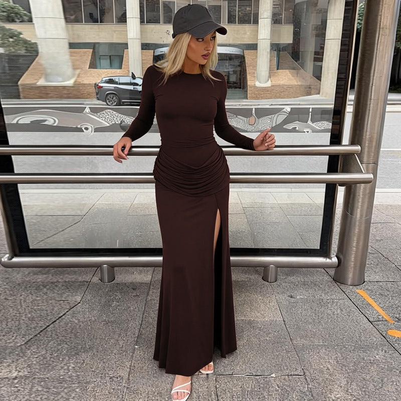 Women Dress Autumn Fashionable Solid Color round Collar Long Sleeved Pleated Slit Dress DestGlow