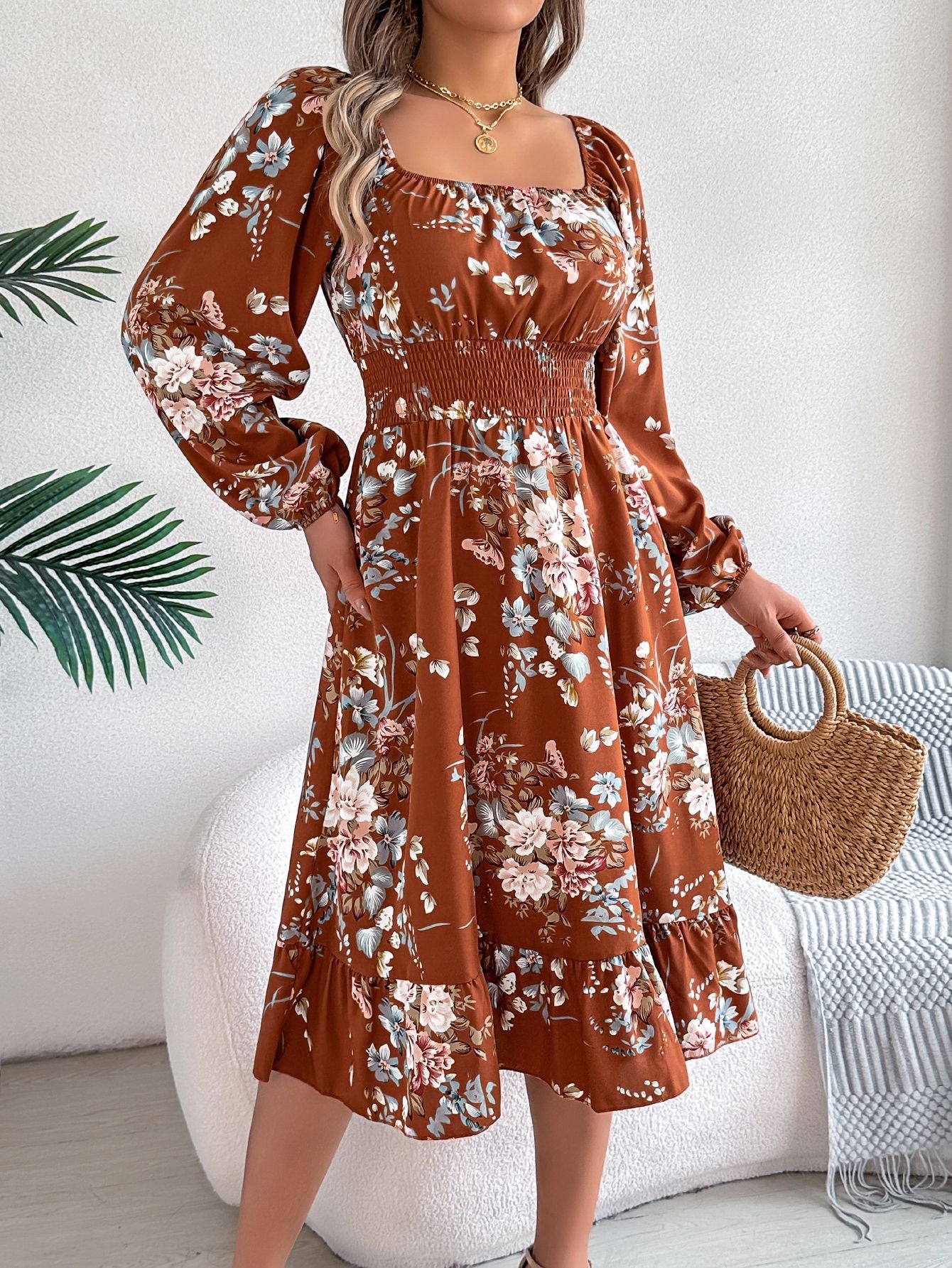 Spring Summer Elegant Floral Square Collar Long Sleeve Waist Trimming Ruffles A line Women Clothing by Ragazza