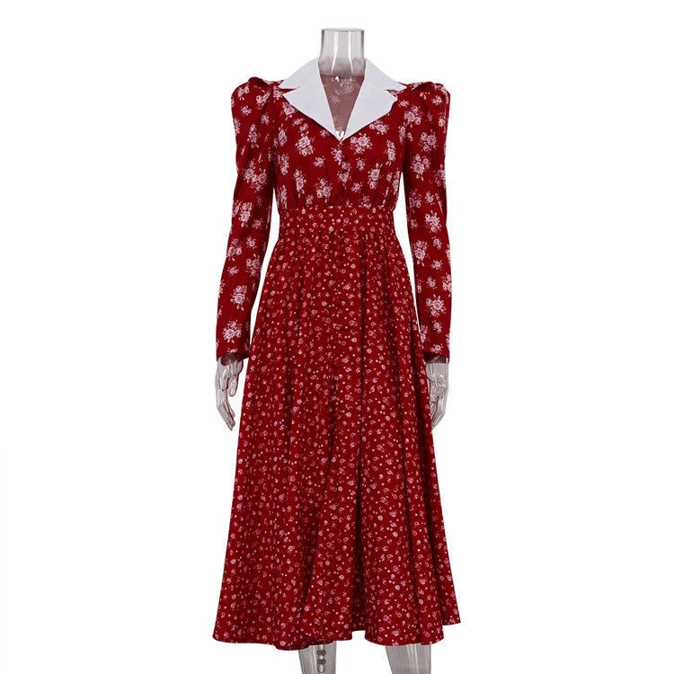 Contrast Color Design Collared Long Sleeve A line Women Waist Controlled Printed Large Swing Dress by Ragazza