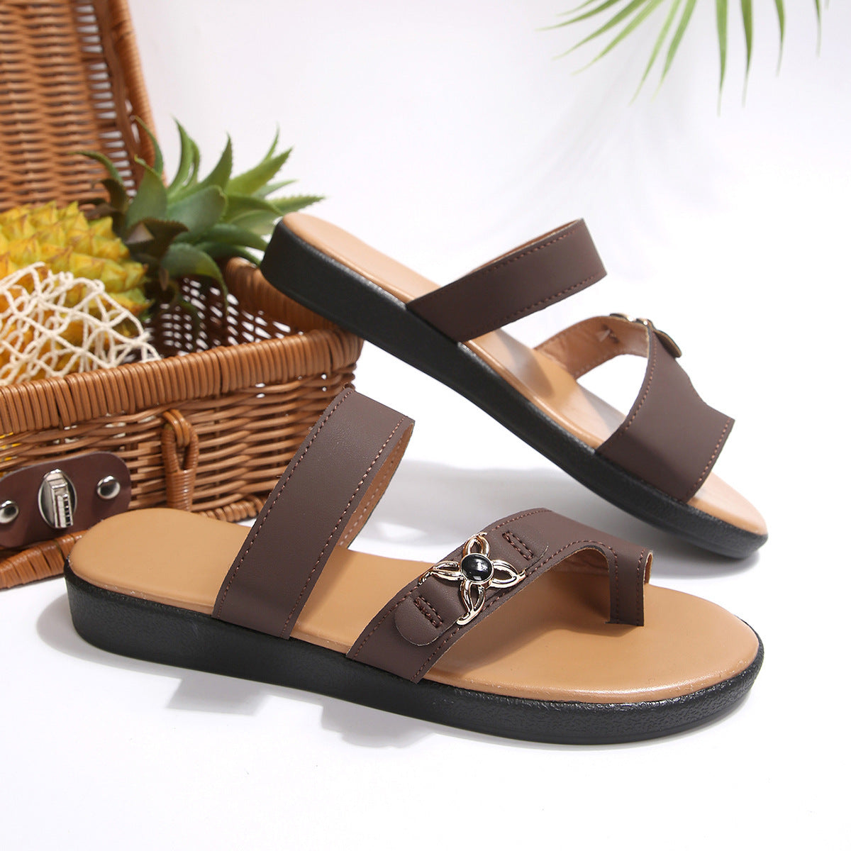 Metal Buckle Rhinestone Toe Ring Slippers Women Outer Wear Flat All Match Casual Beach Sandals DestGlow