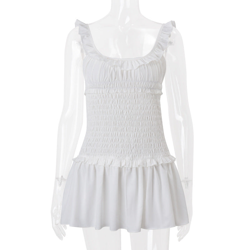 Women Clothing Spring Sexy Elegant Wooden Ear Pleated Strap Pleated Dress Short for Women by Ragazza
