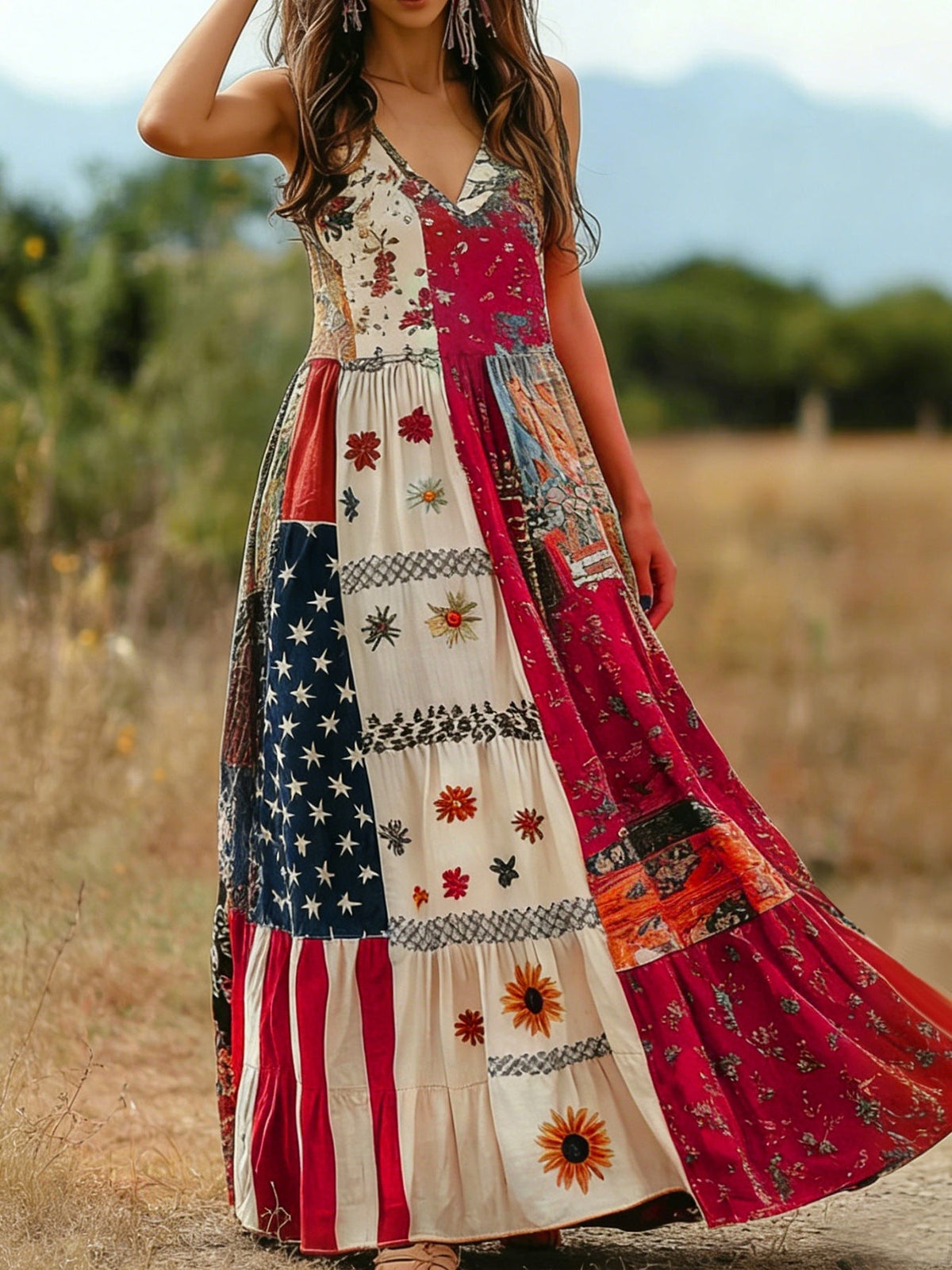 Retro Star Stripes Stitching Bohemian Dress Women Summer V neck Swing Vacation Dress DestGlow