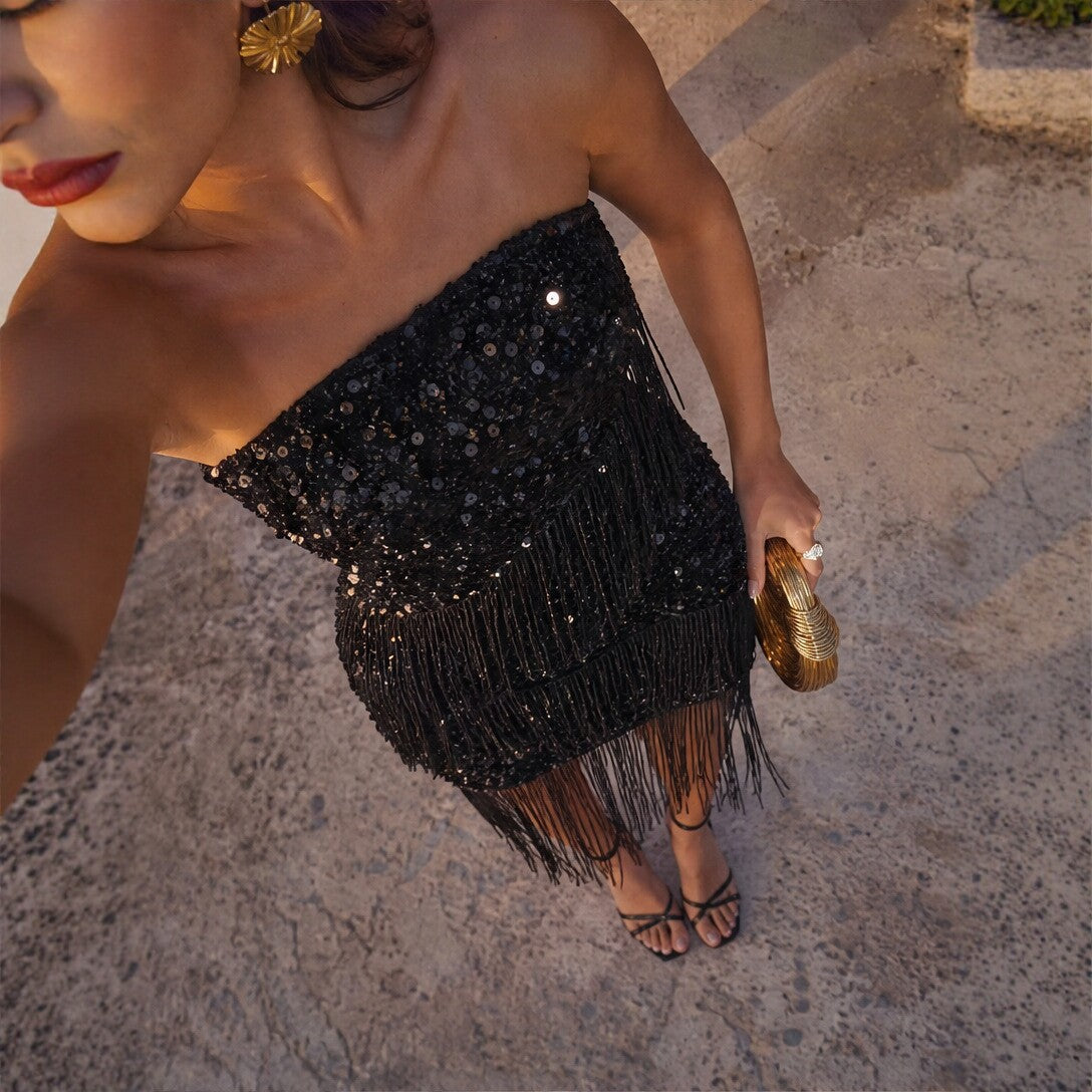 Sequined Tassel Tube Top Dress Women Summer Sexy Slim Hip Short Dress DestGlow