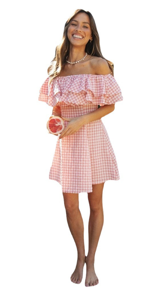 Women Clothing New Plaid off-Shoulder Ruffled Collar Show Fashion Dress by Ragazza