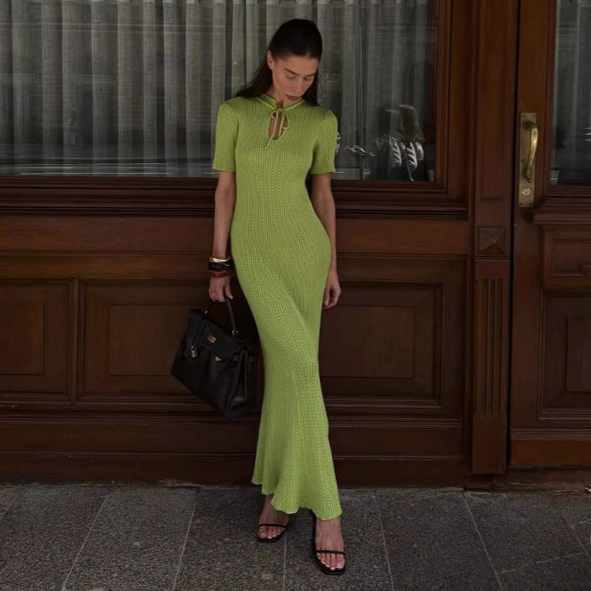 Summer Women Candy Color Slim Fit Dress Women Summer round Neck Short Sleeves Knitted Long Sweater Dress by Ragazza