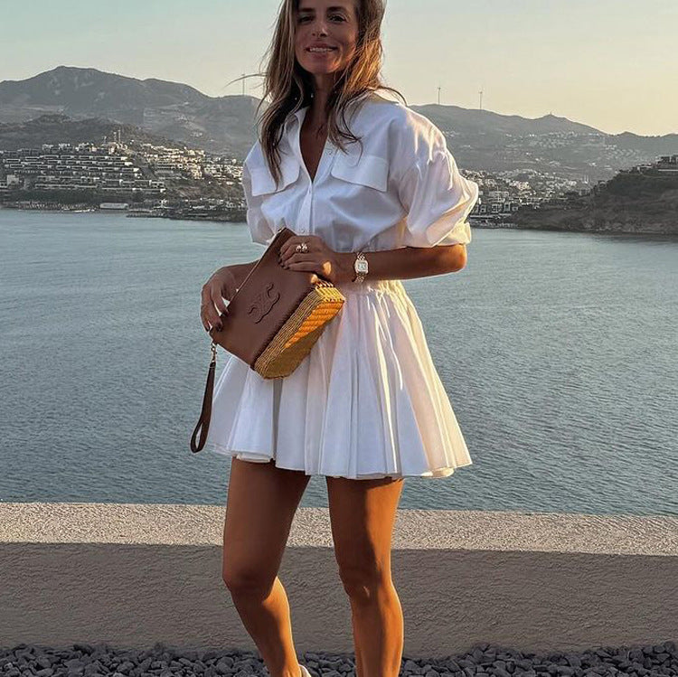 Women Clothing Casual Short A line Dress Cotton Collared 3/4 Sleeve French Shirt Dress by Ragazza