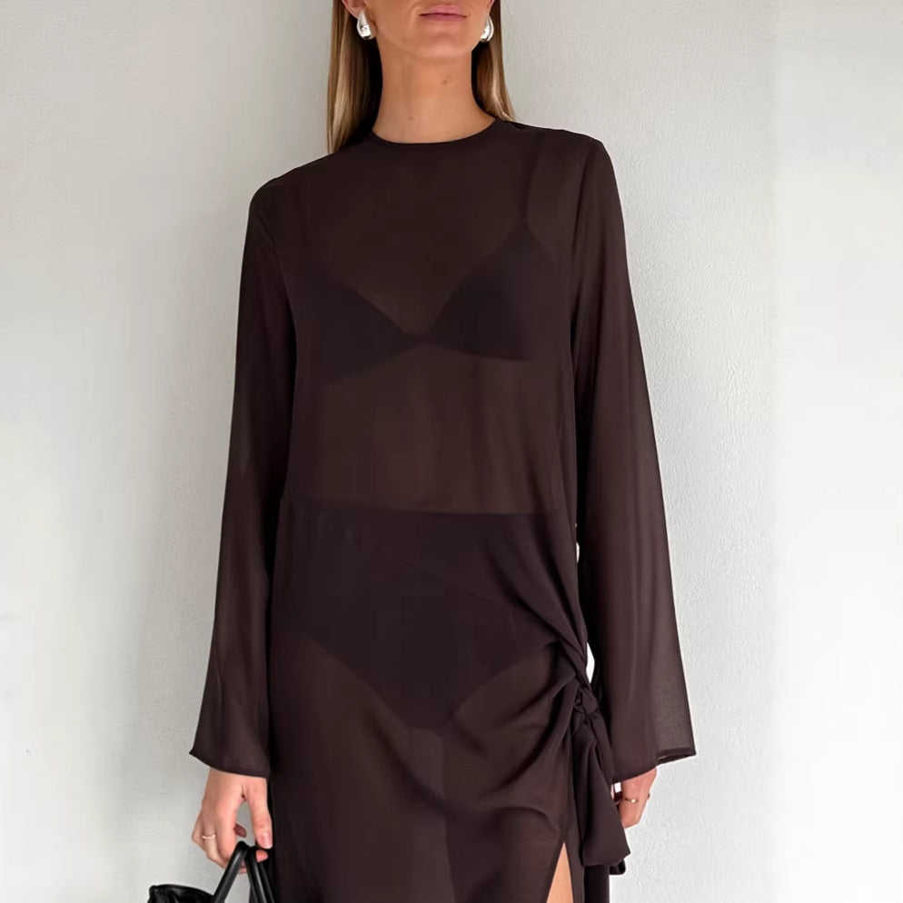Spring Summer Arrival Mesh See through round Neck Long Sleeve Lace up Bow Split Dress Women by Ragazza