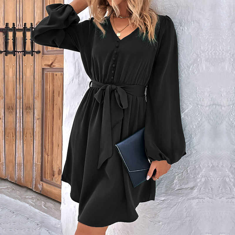 Women Clothing Spring Solid Color V neck Long Sleeve Dress by Ragazza