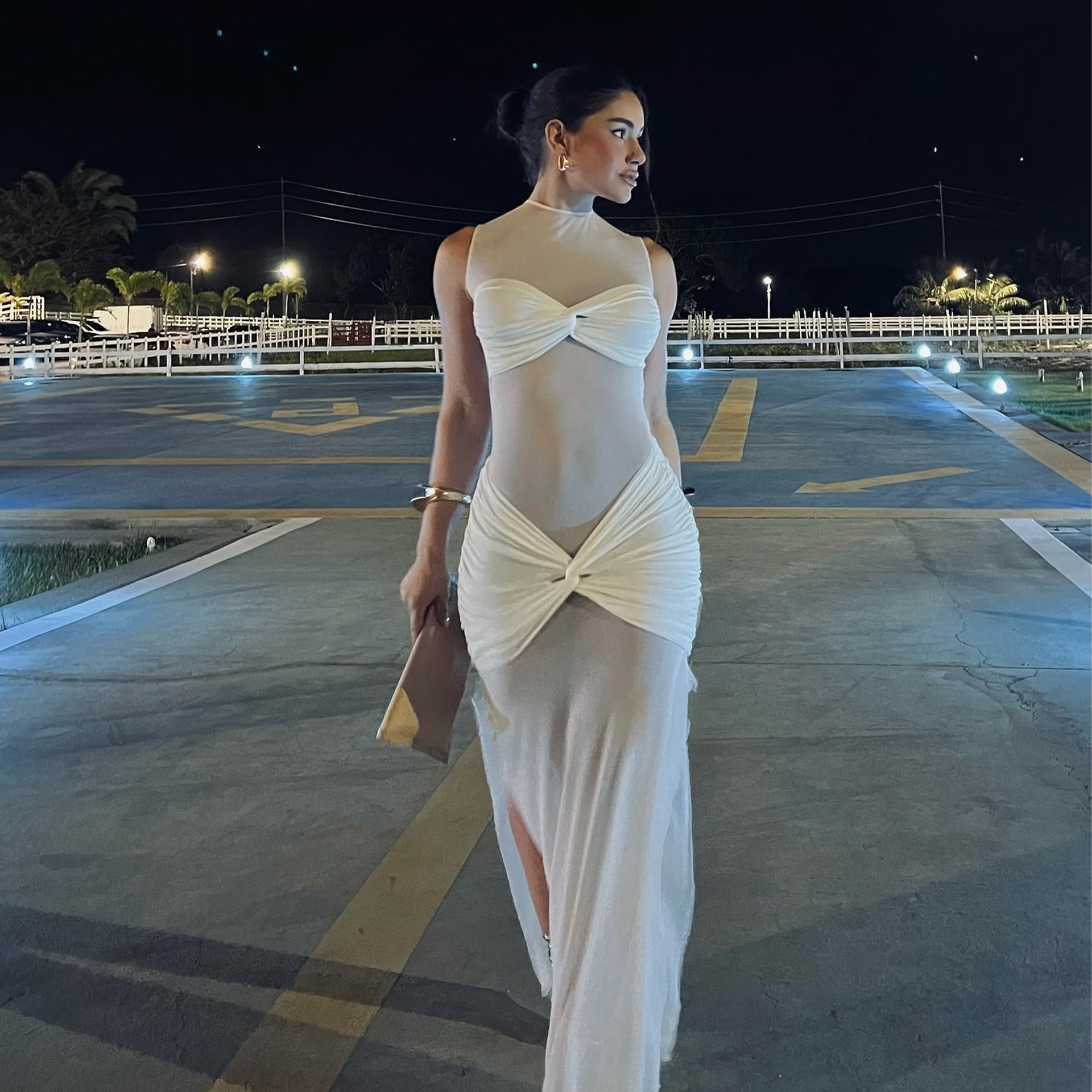 Spring Evening Sheer Mesh Sexy Solid Color Sheath Women Dress by Ragazza