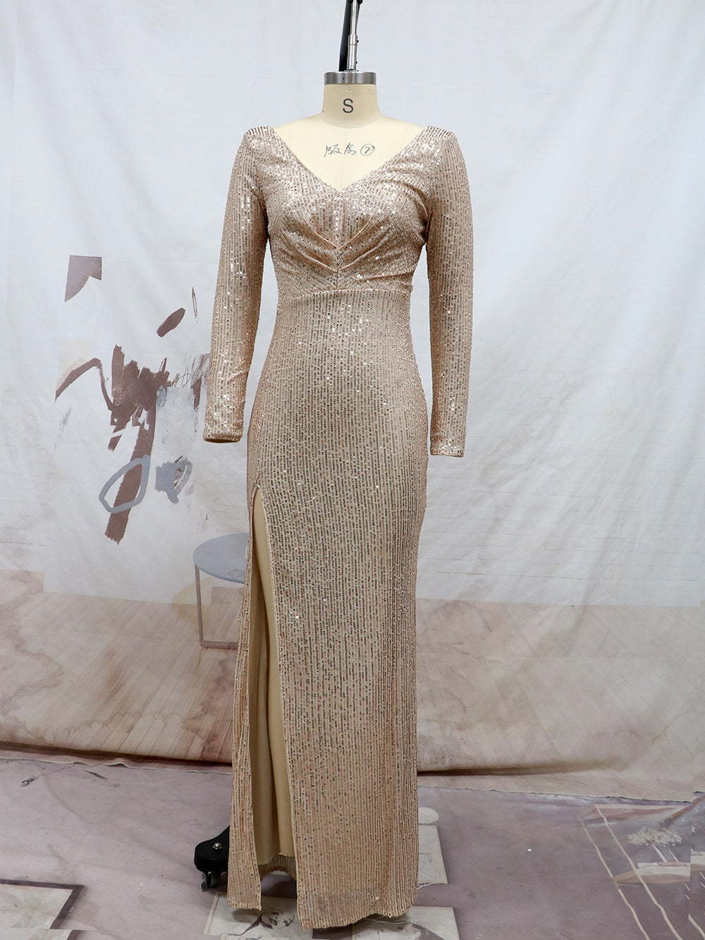 Spring Split Long Sleeve V neck Slim Fit Long Formal Dress Wedding Cocktail Party Multi Color Sequined Evening by Ragazza