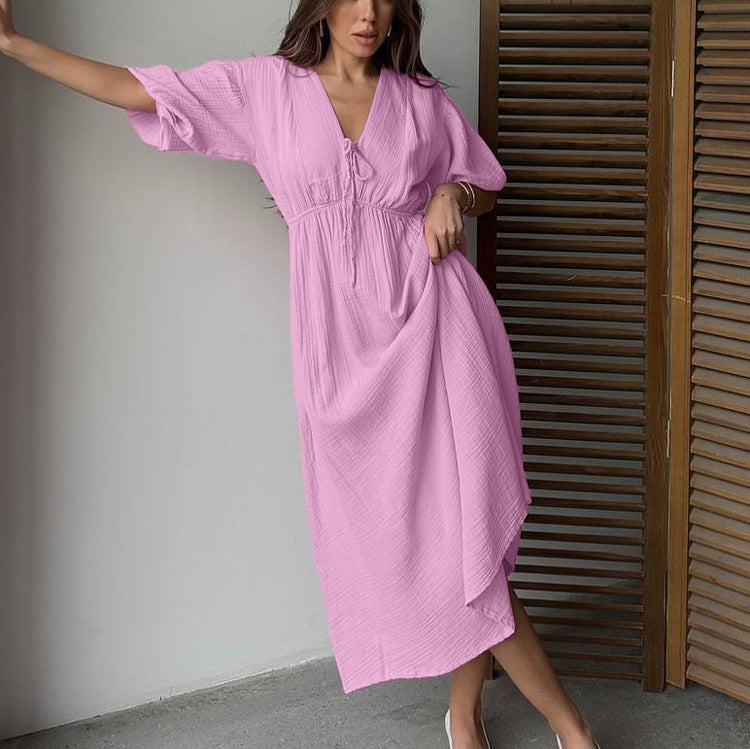 Women Clothing Cotton Double Layer Champray High Waist Dress V neck Puff Sleeve Lace up A line Long Dress by Ragazza