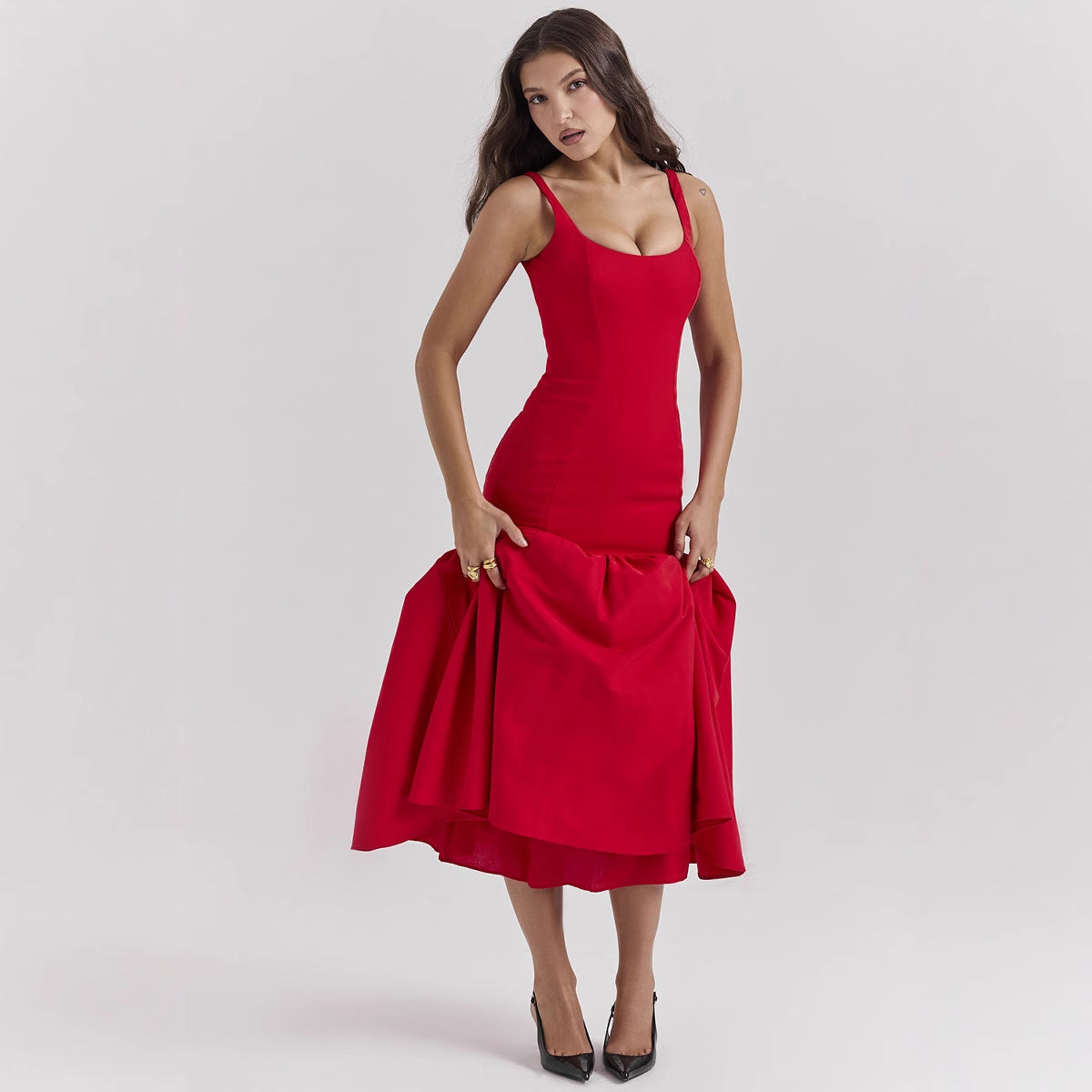 Summer Square Collar Cut Ballet Sheath Fitted Waist Fishtail Strap Dress for Women Elegant Bubble Dress Women by Ragazza