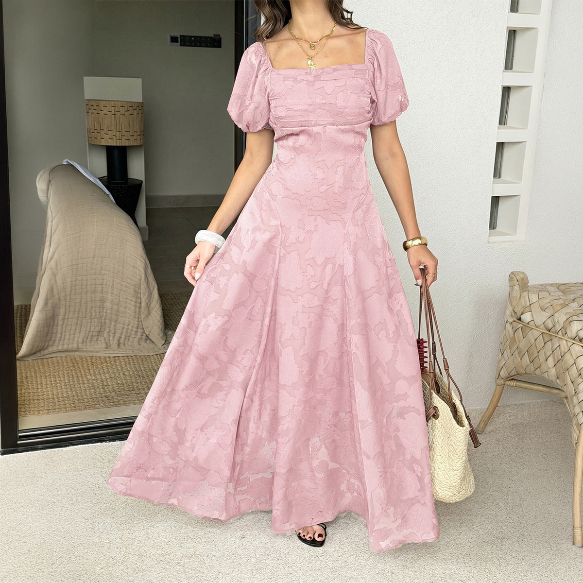 Retro Square Collar Puff Sleeve Jacquard Waist Dress Women Clothing Summer DestGlow