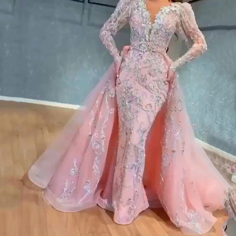 Women Dress Sexy V Neck Long Sleeve Gold Trailing Evening Dress by Ragazza