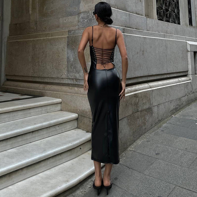Women Clothing Summer Faux Leather Sexy Backless Lace Up Tight Waist Sheath Split Sling Dress by Ragazza