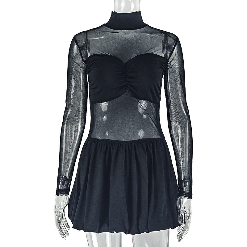 Women Clothing Pleated Slightly Transparent Personality A line Dress Solid Color Stand Collar Long Sleeve Short Dress by Ragazza