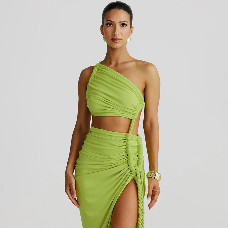 Women Clothing Spring Summer Shoulder Tube Top Backless Hollow Out Cutout Lace Pleated Dress by Ragazza