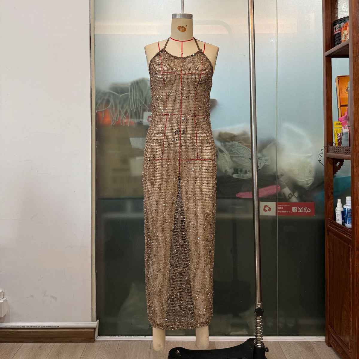 French Sequined Sexy Evening Party Slim Strap Women Micro Revealed Back Maxi Dress DestGlow