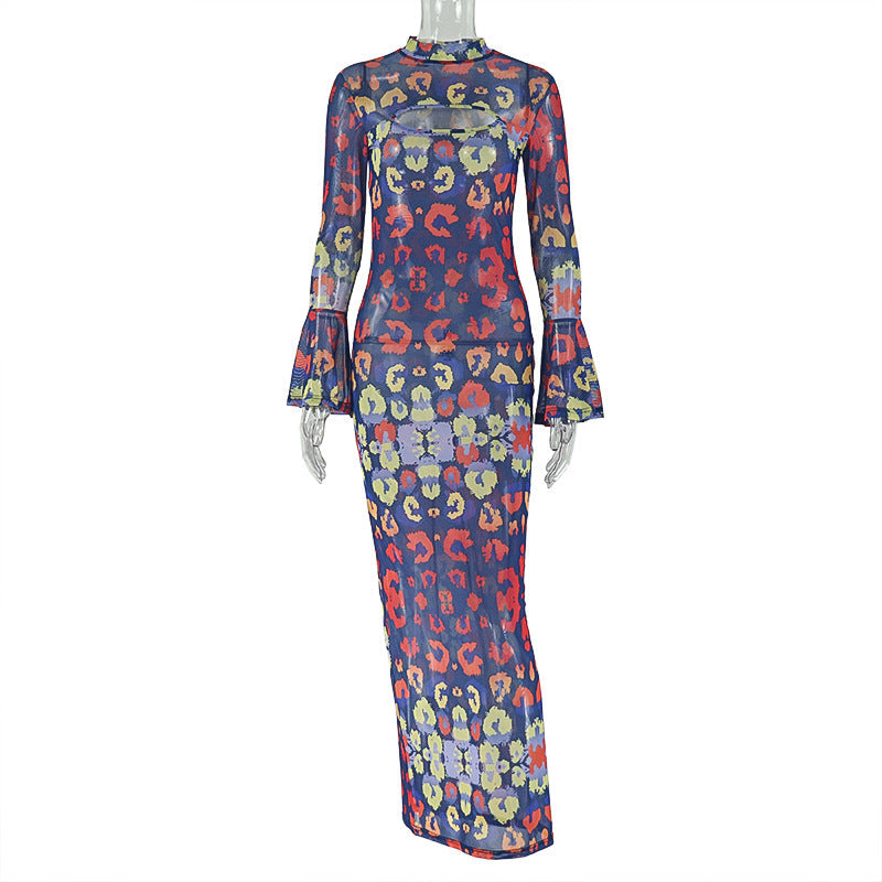 Retro Women Wear Waist Trimming Printing Hip Dress Hollow Out Cutout round Neck Flared Sleeves Maxi Dress by Ragazza