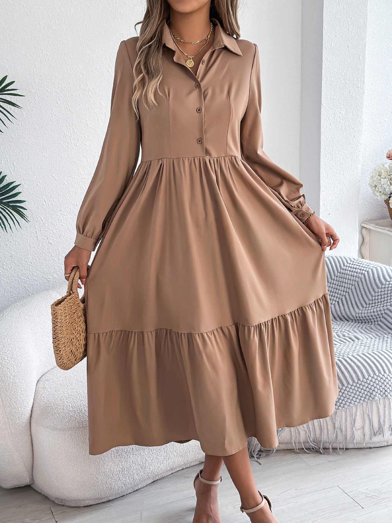 Autumn Winter Collared Casual Loose Long Sleeve Ruffled Shirt Dress Women Clothing by Ragazza