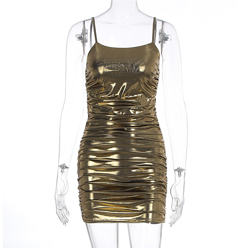 Summer Women Sexy Electronic Music Festival Glossy Bronzing Sling Sheath Dress by Ragazza