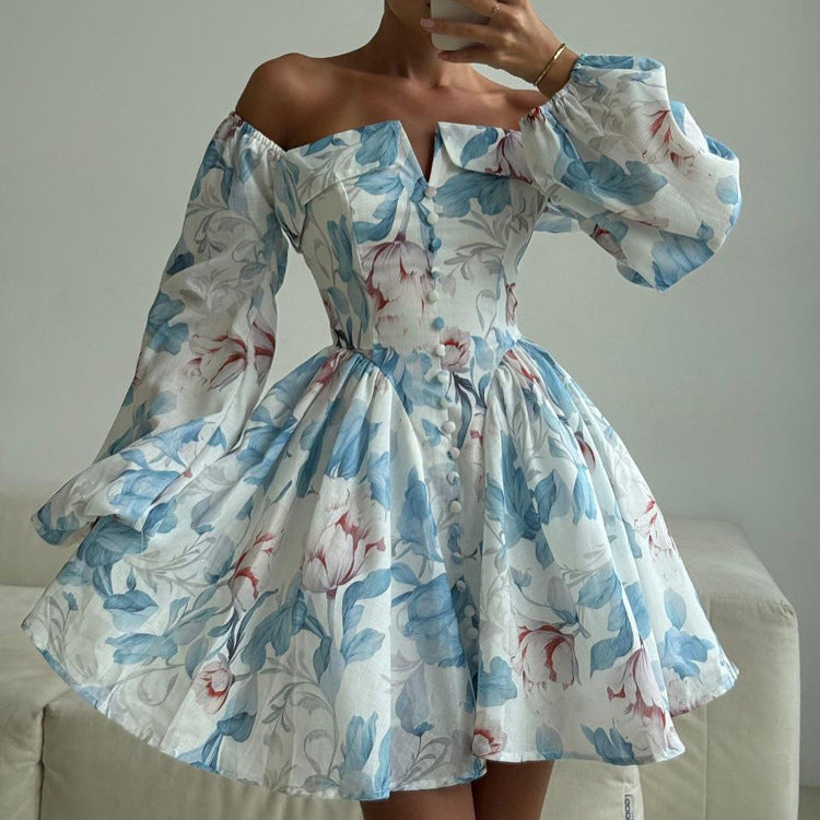 Sexy off Neck Short Print A line Dress Summer Puff Sleeve High Waist Dress Women DestGlow