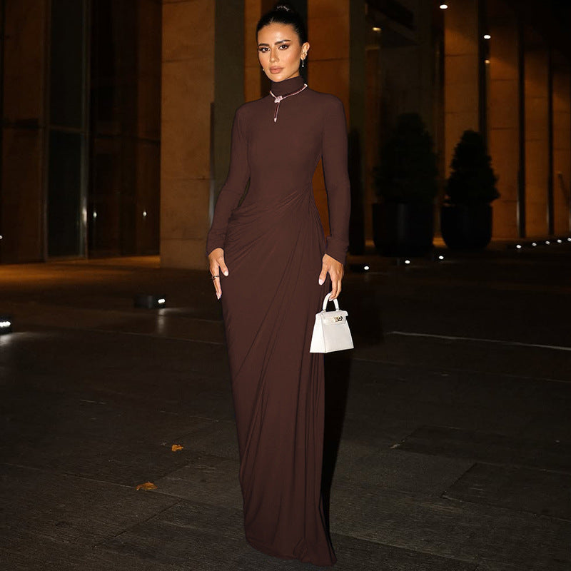 French Women Autumn Sexy Slim Fit Backless Button Solid Color Long Sleeve Dress by Ragazza