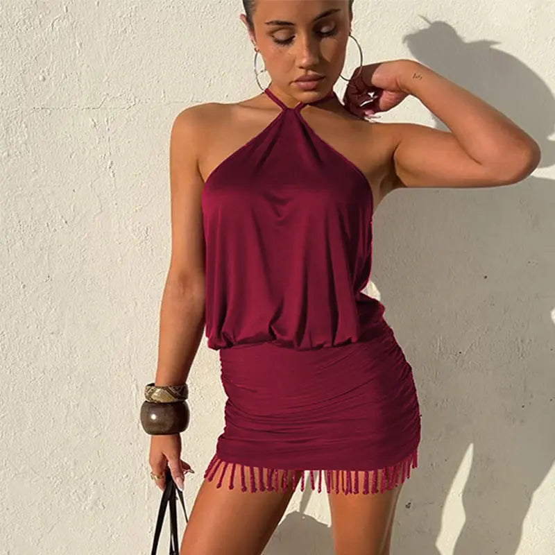 Women Clothing Autumn Lace Halter Sexy Backless Crystal Tassels Slim Fit Sheath Dress