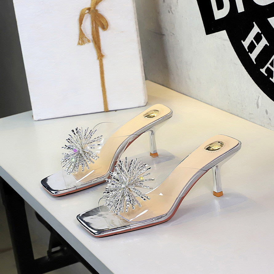 Rhinestone Fireworks Square Toe Open Toe Slippers Women Transparent Slip on Stiletto Heel Outdoor Slippers DestGlow
